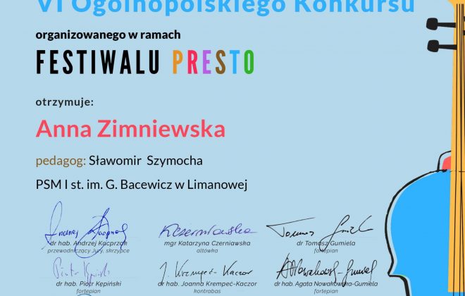 Ania Zimniewska laureatką VI Ogólnopolskiego Konkursu organizowanego w ramach FESTIWALU PRESTO